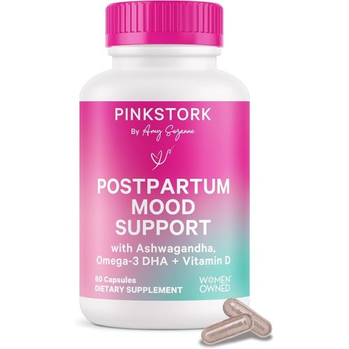 Pink Stork Postpartum Mood Support - Postnatal Hormone Balance for Women - Breastfeeding Friendly - Stress & Cognitive Support, New Mom Essentials - Ashwagandha, Chamomile, & Vitamin D, 60 Capsules