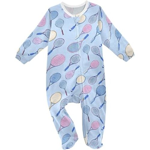 Baby One-Piece Footies Hockey Ball Blue Sleeper Pjs Footed Bodysuit Rompers Zipper for Boys Girls 3M