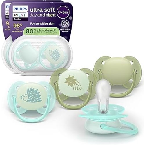 Philips Avent Ultra Soft Day & Night Pacifiers - for Babies 0-6 Months, Glow in the Dark, Symmetrical Silicone Nipple, BPA-Free, Sterilizing Cases, 4 Pack, SCF094/09