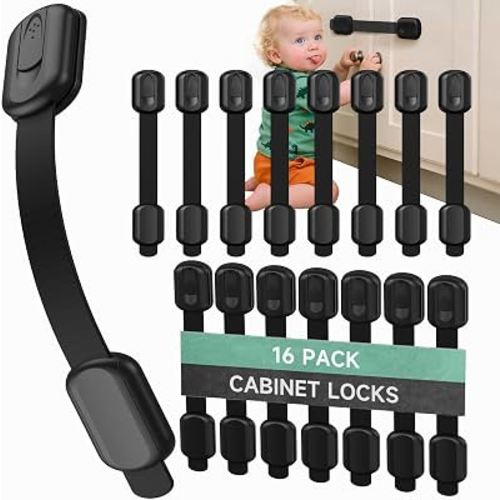 Infinno 16 Pack Cabinet Locks Baby Proofing Heavy Duty - Child Safety Cabinet Locks for Drawers, Cupboards & Fridge – No Drill 3M Adhesive Locks for Pets - Toddler Safety Latches-Black