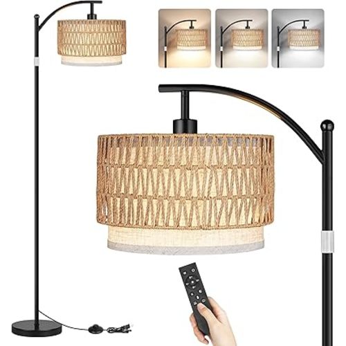 ROTTOGOON Arc Floor Lamps for Living Room, Boho Farmhouse Floor Lamp with Remote & Dimmable Bulb, Standing Lamp with Rattan & Fabric Shades, Adjustable Tall Lamp for Bedroom Office-Black