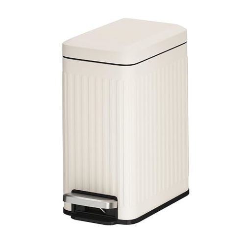 Bathroom Trash can with lid Soft Close, 6 Liter/1.6 Gallon Step Pedal Stainless Steel Garbage Can, Small Wastebasket for Toilet, Office, Bedroom, Kitchen (Beige)