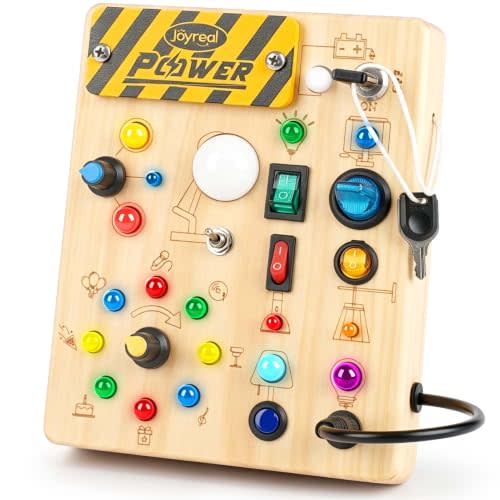 Joyreal Busy Board for Toddlers - Montessori Toys for 1 2 3 Year Old | Wooden Sensory Activity Board with 10 Switches & 19 Lights, Ideal Educational Travel Toy Gift for Boy & Girl Birthday