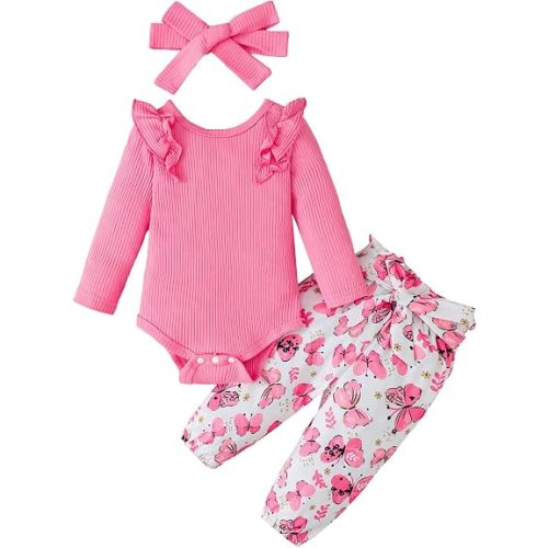 veikimous Newborn Baby Girl Clothes 3-6 Months Infant Girl Fall Winter Outfits Yellow Sunflower Clothing Set with Headband Preemie Girls Pants Set