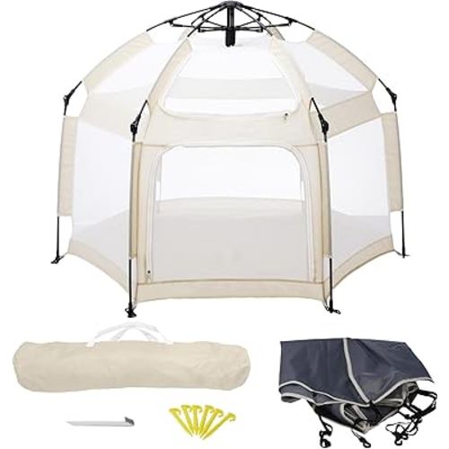 Baby Playpen, Portable Baby Playpen with UPF50+ Canopy, 1-Second Setup, Foldable Play Yard for Indoor/Outdoor Use, Kids Tent for Beach Camping Travel - Includes Travel Bag & Safety Stakes(Beige)