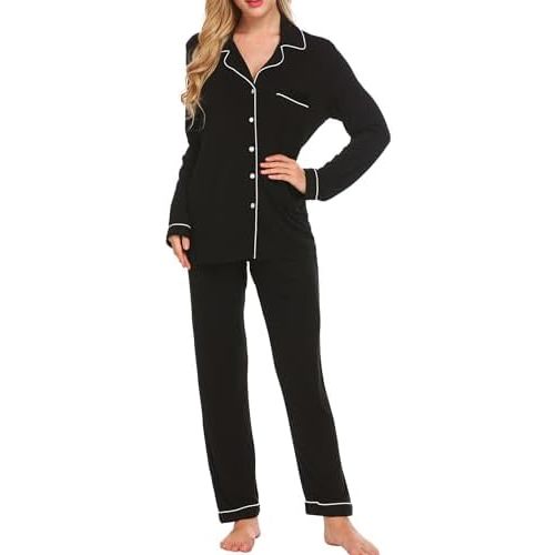 Ekouaer Pajamas Women's Long Sleeve Sleepwear Soft Button Down Loungewear Pjs Lounge Set Nightwear XS-XXL