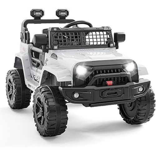 Hetoy 12V Ride on Toys with Parent Remote Control Toddler Electric Vehicle with Spring Suspension, LED Lights, Bluetooth, Music Player, 3 Speeds Ride on Car Truck for Kids Age 3-8 (White)