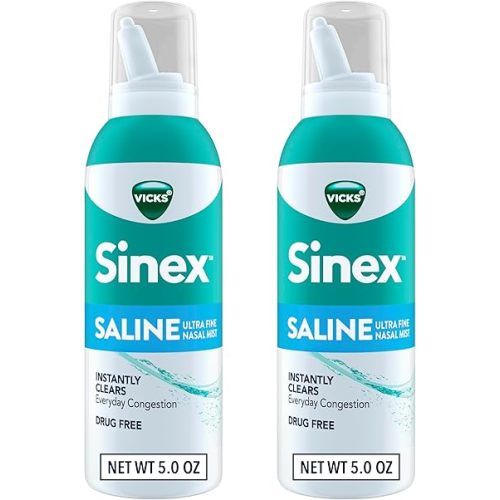 Vicks Sinex SALINE Nasal Spray, Drug Free Ultra Fine Mist, Clear Everyday Sinus Congestion Fast, Clear Mucus from a Cold or Allergy, Daily Use 5.0 fl oz x 2