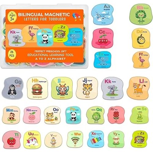 26PCS Magnetic Alphabet Letters,Bilingual Fridge Magnets for Toddlers 1-3,Educational Gift for Girls & Boys(English & Spanish)