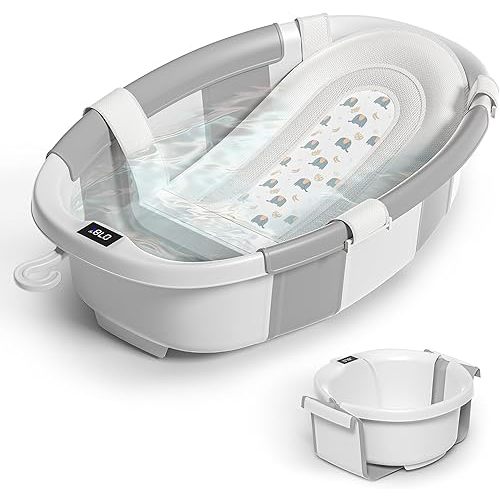 Collapsible Baby Bathtub for Newborn to Toddler 0-36 Months,Spacious Foldable Infant Bath Tub with Thermometer,Cushion & Drain Hole,Portable Travel Tub, Baby Shower Gift Grey