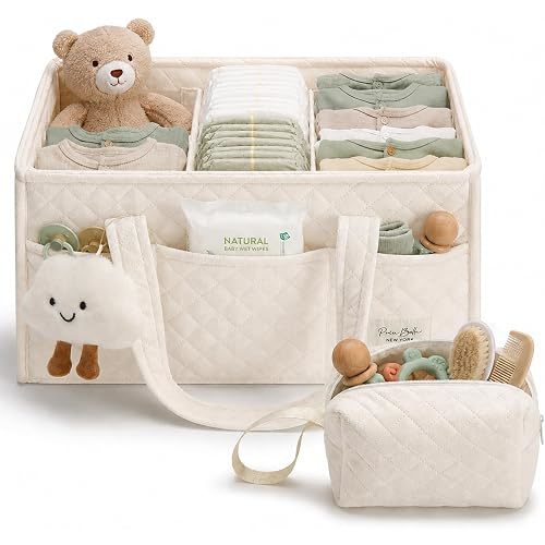 PeraBella Baby Diaper Caddy Organizer, Baby Basket Shower Gift, Portable Changing Table Basket, Postpartum Caddy & Tote Bag Pouch, Newborn Boy & Girl Nursery Essentials Registry, Car Diaper Organizer