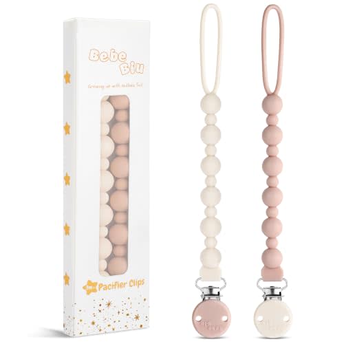 2 Pack Pacifier Clips, One-Piece Silicone Pacifier Clip, 100% Food-Grade Silicone Pacifier Holder (Cream/Blush)