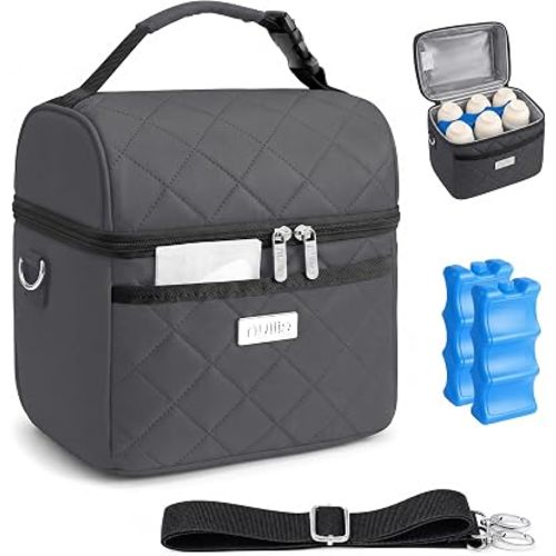 Nuliie Breastmilk Cooler Bag with 2 Ice Packs, Fits 6 Baby Bottles Up to 10 Ounce, Four Layer Insulated Baby Bottle Bag for Daycare, Breast Milk Cooler with Pocket, Strap & Buckle, Waterproof, Grey | Four Layer Insulated, Waterproof, Pocket, Strap & Buckl