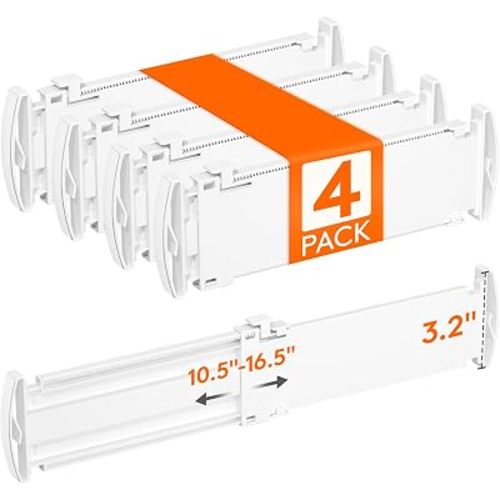 Lifewit Drawer Dividers for Clothes, 3.2" High 10.5"-16.5" Expandable Dresser Drawer Organizers, Adjustable White Plastic Separators for Kitchen, Cabinet, Nursery, Socks & Underwear Storage, 4 Pack