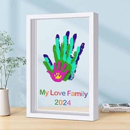 Family Handprint Kit DIY Craft Keepsake Wooden Frame Non Toxic Paints Transparent Sheets Perfect for Handprints Prints and Footprints Endless Present Set for New Parents and Family Memories (White)