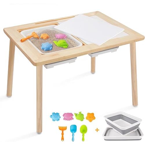 Frogprin Kids Table for Play Study Dining, Upgrade Sensory Table for Toddlers, Indoor Outdoor Play Sand Activity Center, with 2 Large Storage Bins, 7 Sand Toys, Birthday for Children