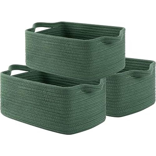 OIAHOMY Cotton Rope Woven Baskets for Storage, Nursery Rectangle Storage Basket with Handles for Shelves, Pack of 3, Green