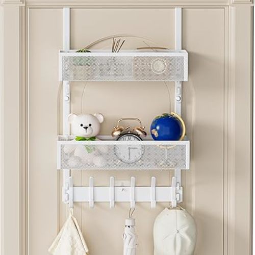 Aimeaihe Over The Door Hooks Organizer, Over Door Storage with 12 Coat Hooks and 2 Mesh Basket, Bathroom Door Organizer Towel Rack Back of Door Hanger Organizer for Bedroom, Kitchen(White)