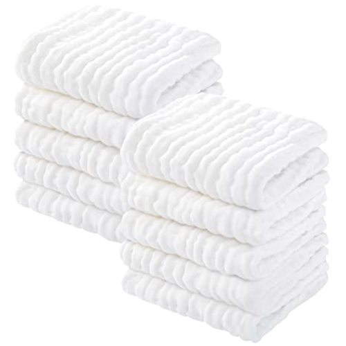 Yoofoss Muslin Baby Washcloths 100% Organic Cotton Face Towels 10 Pack Wash Cloths for Baby 12x12in Soft and Absorbent Baby Wipes (White)