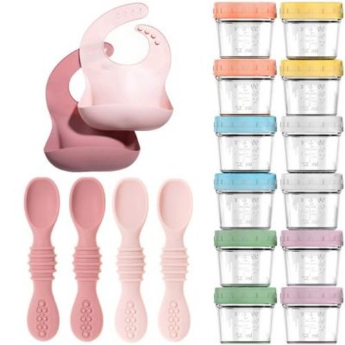 12pc Glass Baby Food Storage Jars, 4 Silicone Baby Spoons & 2 Silicone Bibs, Baby Mealtime Essentials – BPA-Free, Leakproof, and Dishwasher Safe