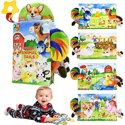 Kimicare Farm Crinkle Books for Babies, Touch and Feel Cloth Soft Farm Animal Tail Baby Books 0-6 Months with Teething Toy, Infant Toys 6-12 Months, Baby Christmas Shower Gifts