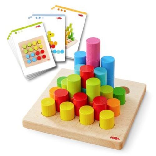 HABA Colorful Towers Wooden Stacking Game: Montessori Toys for 2+, Shape Sorter & Wooden Pegboard Preschool Learning Toys with Challenge Cards