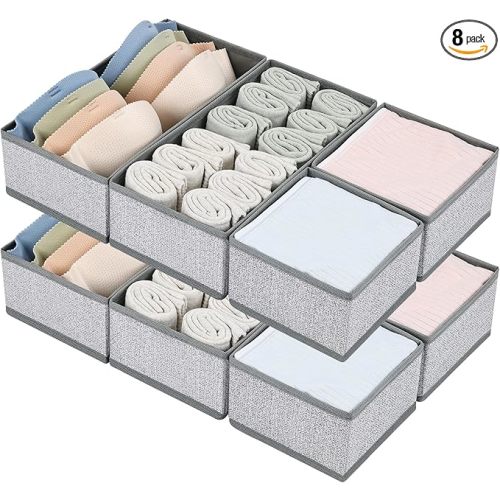 DIMJ Drawer Organizer Clothes Set of 8, Foldable Closet Drawer Bins, Underwear Drawer Organizer, Fabric Drawer Dividers for Baby Clothes, Socks, Belt, Tie (Blended)