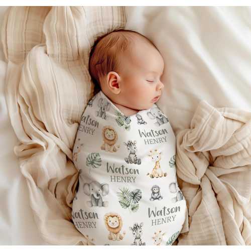 Personalized Safari Swaddle Blanket, Baby Boy Safari Blanket, Jungle Animal Baby Blanket, Elephant Lion Giraffe Zebra, Coming Home Outfit,