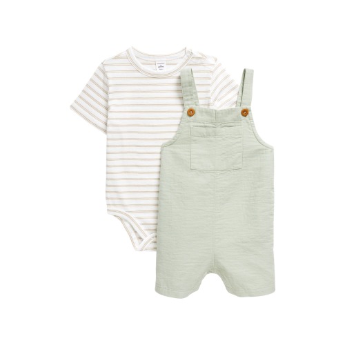 Baby Cotton Bodysuit & Shortalls Set, 9M, Green Mirror- White Stripe