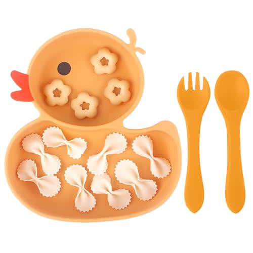 Qshare Powerful Suction Plates for Baby and Toddler,Baby Divided Plate,Thanksgiving Plates with Fork and Spoon,Duck Baby Plate Non-Slip,BPA Free,Microwave & Dishwasher Safe (Orange)