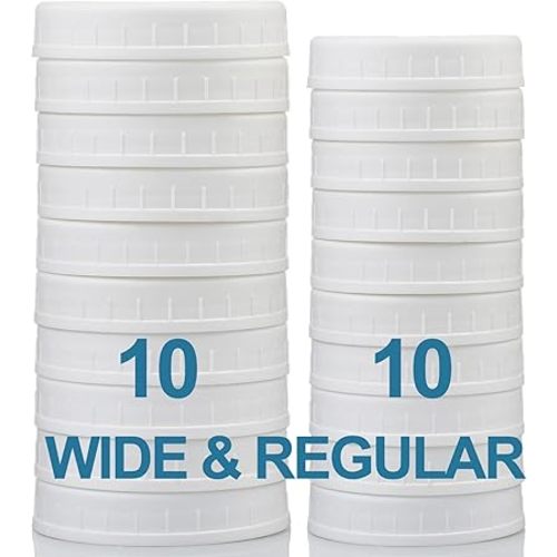 AOZITA 10 WIDE Mouth & 10 REGULAR Mouth Mason Jar Lids - 20 Pack Food Grade Plastic Mason Jar Caps for Ball, Kerr and More Canning Jars - Leakproof & Dishwasher Safe - White