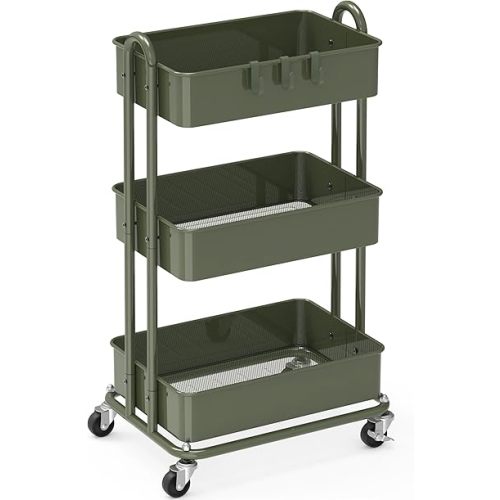 Simple Houseware 3-Tier Heavy Duty Metal Utility Rolling Cart, Army Green