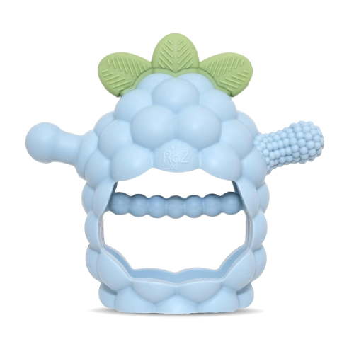 RaZbaby RaZberry Grip Silicone Teether Toy for 3M+ Drop Resistant Hand Held Teether for Babies and Infants - Patented BerryBumps Multitextured Design, Blue
