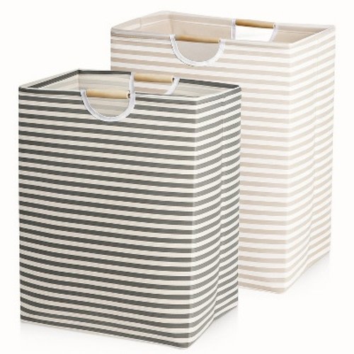 Garnen 2x Collapsible Laundry Basket, Foldable Laundry Hamper Bag, Wood Handles Dirty Clothes Baskets Laundry Bin Organizer Hampers for Bedroom Kids