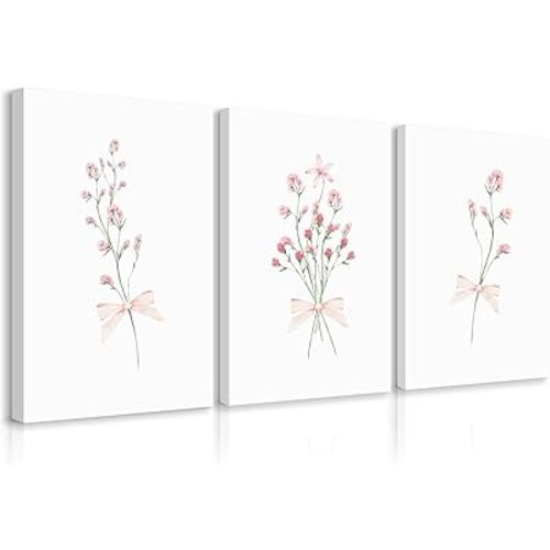 Nursery Flower Wall Art Girl Floral Canvas Wall Decor Boho Wildflower Art Poster Pink Bow Pictures Nursery Floral Prints Vintage Botanical Artwork for Girls Room Bedroom 12x16x3 Inch Ready to Hang