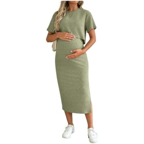 SHENHE Women's Maternity Ribbed 2 Piece Outfits Crop Top Bodycon Midi Skirt