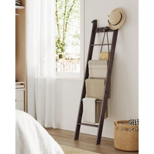 6-Tier Blanket Ladder with 4 Hooks, Rustic Farmhouse Storage Rack for Towels, Throws & Decor, Maroon Brown