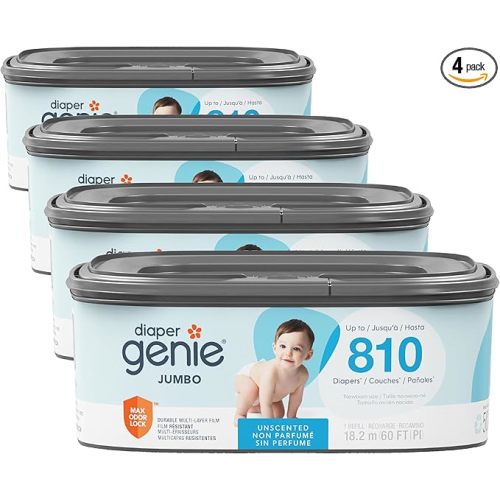 Diaper Genie Refill, Jumbo Square | Continuous Film | Holds 810 Newborn Diapers | Pack of 4