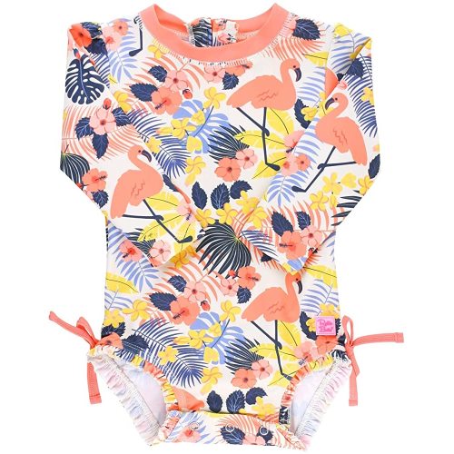 RuffleButts Baby/Toddler Girls UPF 50+ Sun Protection Long Sleeve One Piece Swimsuit with Zipper