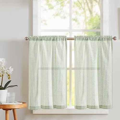 Green Stripe Linen Tiers Curtains 36 Inch Farmhouse 2 Panels