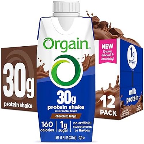 Orgain 30g Batido de Proteínas de Alto Contenido, Proteína de Leche Aislada de Lácteos, Chocolate Fudge, 5g BCAAs, 1g de Azúcar por Porción, Reemplazo de Comida, Listo para Beber, Apto para Keto, Sin
