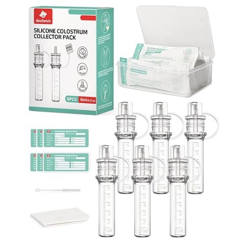 dearlomum Colostrum Collector Kit Breast Milk Collector 6ml/6pcs,Reusable, Heat & Freezer Resistant, BPA-Free, with Cotton Cloth Wipe, Storage Case, Cleaning Brush