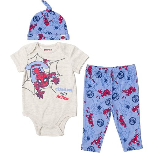 Marvel Avengers Hulk Captain America Spider-Man Baby Bodysuit Pants and Hat 3 Piece Outfit Set Newborn to Infant