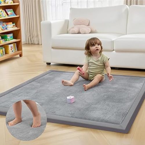 ACOMOPACK Baby Play Mat for Floor 1.3" Thick Memory Foam 50x50 Soft Velvet Playpen Mat for Kids,Infants,Toddlers,Tummy Time Crawling Mats with Non-Slip Bottom,Yoga,Tatami,Nursery Rug（Light Grey）