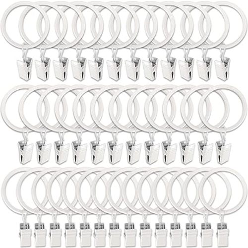 40 Pack White Curtain Rings with Clips, Curtain Hooks Hangers Clip Rings for Hanging Drapes Bows Hat, Drapery Rings 1.5 in I D, Fits up to 1.2 in Diameter Curtain Rod.