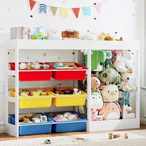 50.6" W X 39.4" H Toy Organizer, Large Toy Storage with 153L Stuffed Animal Storage for 80+ Plushies, 6 Plastic Removable Bins, Toy Organizer Shelf for Girls Boys Playroom, Kids Room