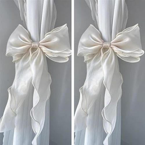 2 Pack French Silky Bow Curtain Tiebacks, Elegant Lace Ribbon for Curtains Decorative Rope Accessories Home Décor (White,2)