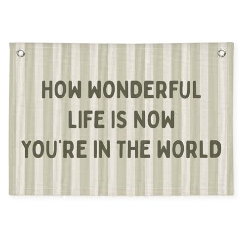 How Wonderful Life is Now Wall Art Decor, Sage Green Baby Room Nursery Linen Canvas Banner Wall Hanging Flag Decor for Toddler Girls Boys Room Playroom