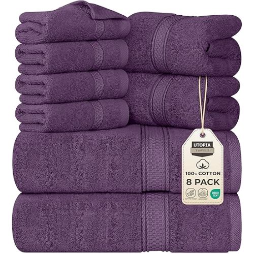Utopia Towels 8 Piece Premium Towel Set, 2 Bath, 2 Hand, and 4 Wash Cloths, 600 GSM 100% Ring Spun Cotton, Highly Absorbent Towels for Bathroom, Gym, Hotel, and Spa, Plum