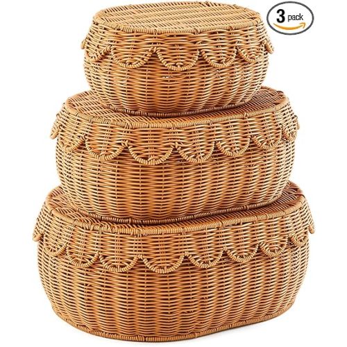 3 Pcs Scalloped Rattan Baskets, Baby Diaper Caddy, Imitation Woven Rattan Wicker Storage Baskets Plastic with Lid for Nursery Storage Organizer Bathroom Decor (Dark Brown,Small,Medium,Large)